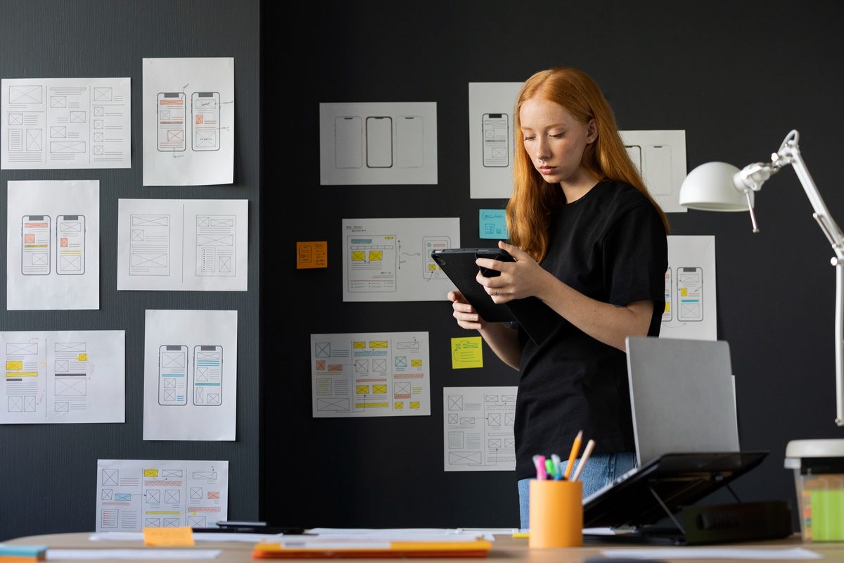 A designer reviewing printed interface screens pinned across a studio wall